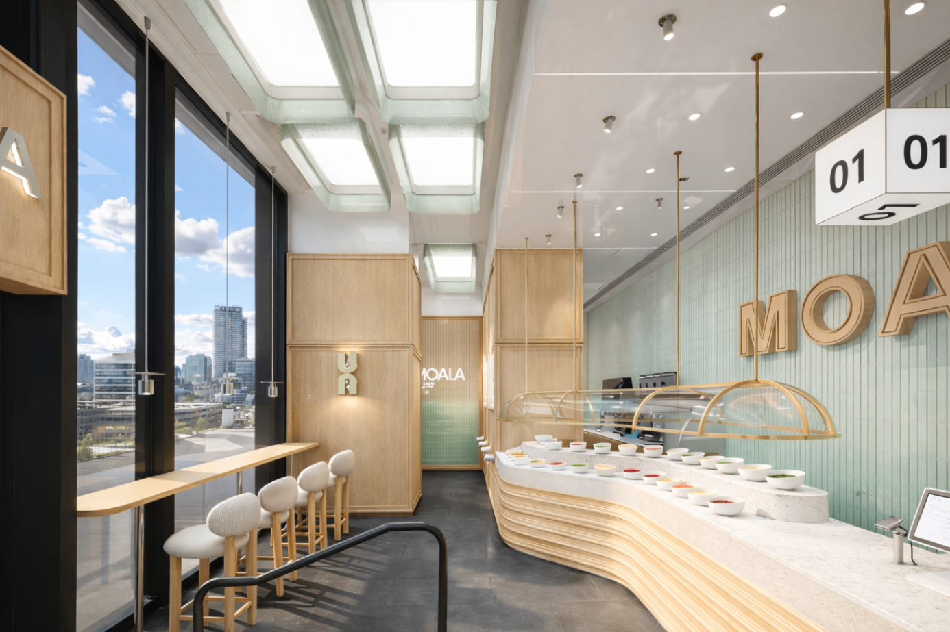 Mint-tiled feature wall & signage